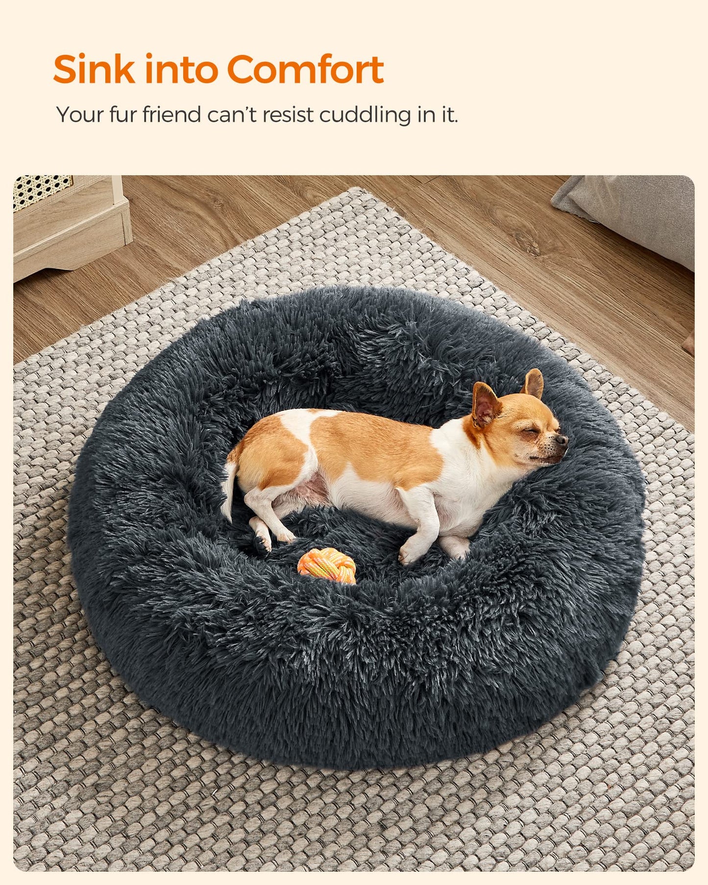 Feandrea Fluffy Dog Bed, Cat Bed, Doughnut Cushion, Washable, Removable Padding in The Centre, Long Plush, 60 cm Diameter, Dark Grey PGW038G02
