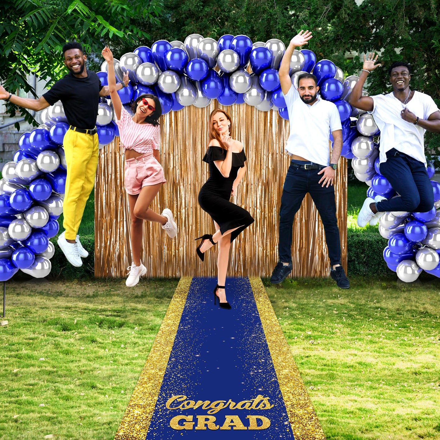 Blue Carpet Runner for Party, 10 x 2.6ft, Blue Gold Graduation Prom Decorations Polyester Fabric Runway Rug for Prom Party Decor Blue Aisle Runner for High School College Scholar Graduation Ceremony