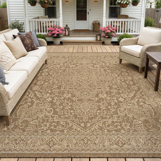 MontVoo-Outdoor Rug-Patio Rug 8x10 Polypropylene Indoor Outdoor Rugs Carpet for Patio Deck Balcony Porch, Textured Weave, Durable for High Traffic, Fade-Resistant, Vintage Medallion Neutral Brown