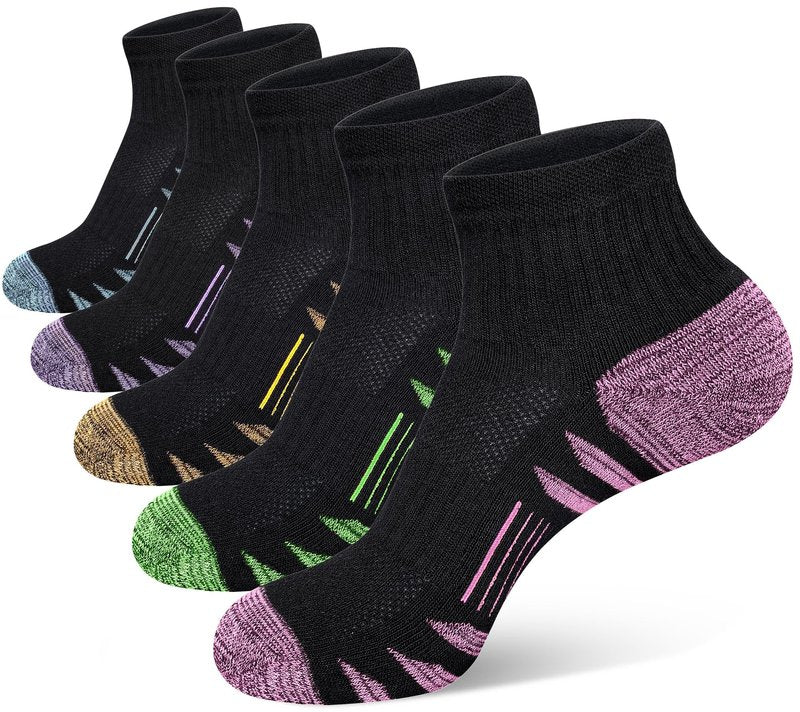 Heyoboy Womens Ankle Anti-blister Thick Cushioned Cotton Wicking Hiking Athletic Running Socks 5 Pairs