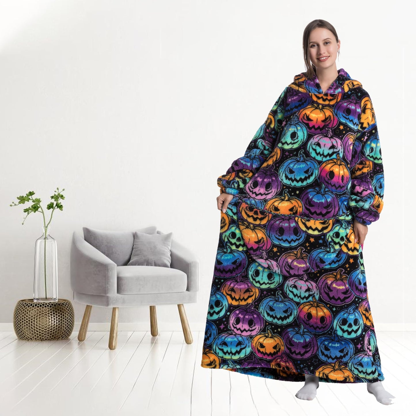 Capecage Blanket Hoodie, Long Hooded Blanket Sweatshirt as Birthday Gifts for Women Men, Long Wearable Blanket for Men Women,Pumpkin Hoodie Blankets for Women Men