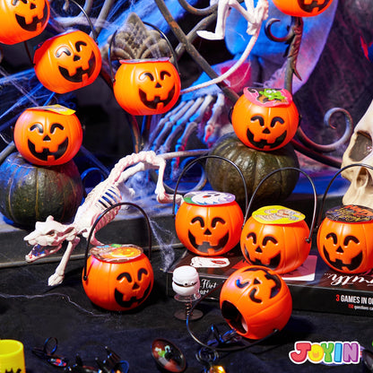 JOYIN 144 PCS Halloween Toy Gifts for Kid Trick or Treating, 24 Pack Prefilled Mini Pumpkin Buckets with Spider Ring, Popper, Spring, Vampire Teeth and Spinning Top, Halloween Party Favors Supplies