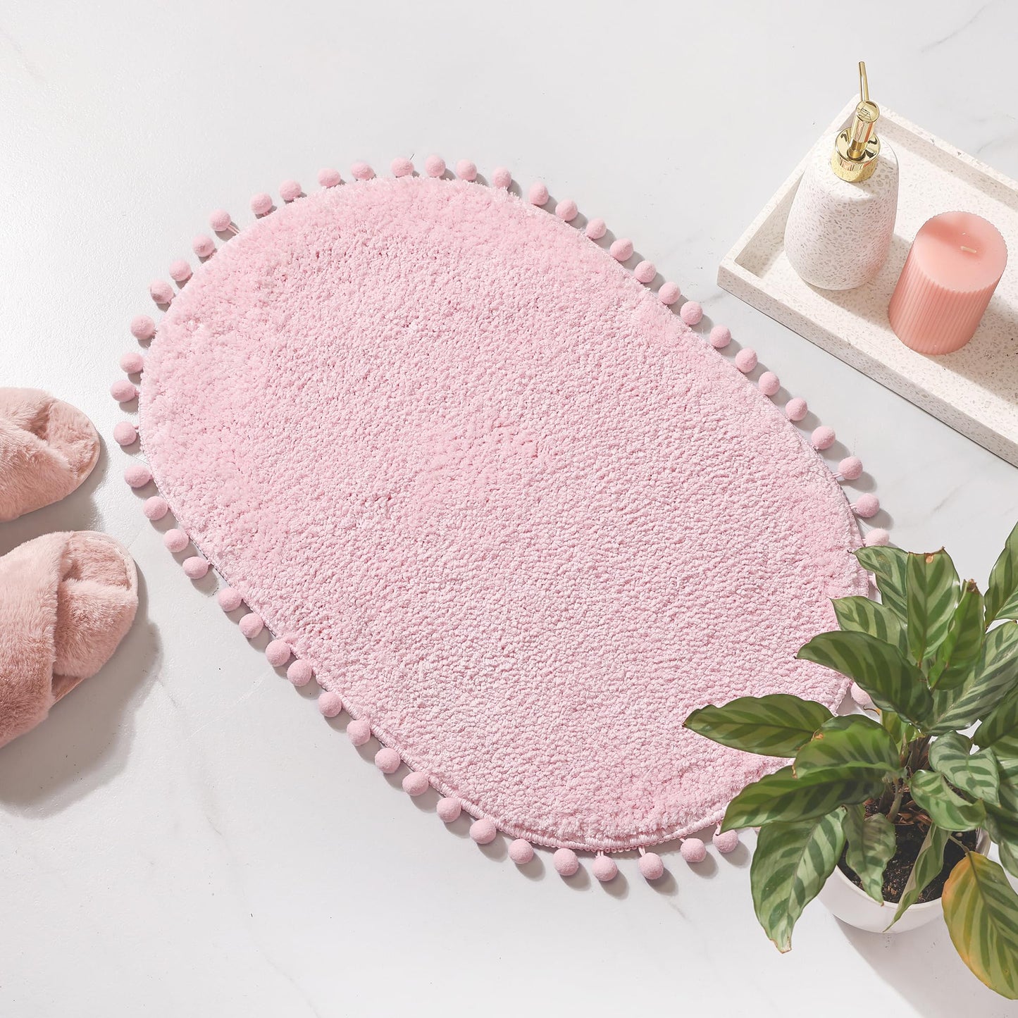 YIRDDEO Bath Mat Pink Rug with Pom Oval Bathroom Rugs for Bedroom Non Slip Cute Boho Absorbent Mats Soft Plush Washable Rug (20 x 30 inches)