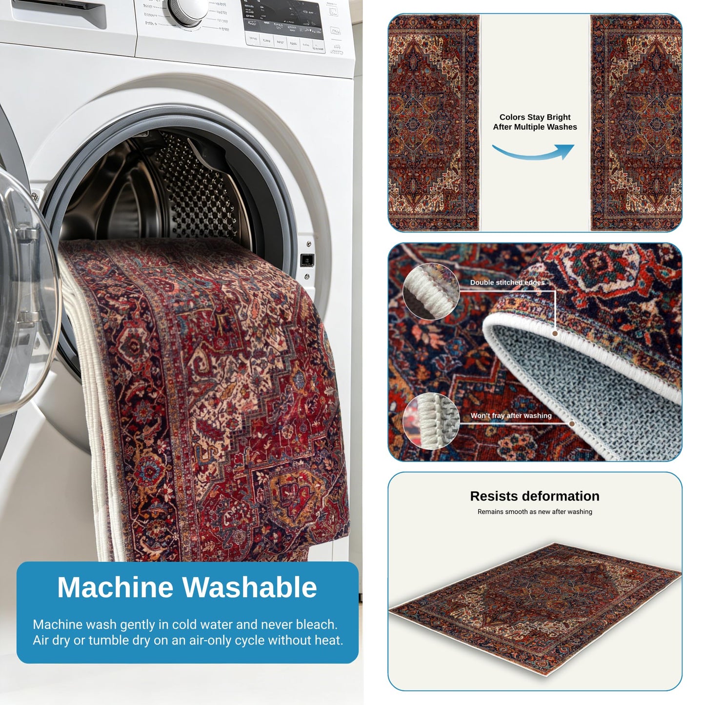 PESSEN Red 3x5 Washable Area Rug, Low Pile Indoor Rug for Entryway Kitchen Bedroom Laundry Room, Non Slip Rubber Backing, Pet & Kids Friendly, Stain & Fade Resistant