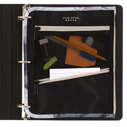 Five Star Pencil Pouch, Pen Case, 3-Pocket Zipper Pouch, Fits 3-Ring Binder, Storage Organizer for Classroom Supplies Earbuds Chargers Cables Makeup, Black/Grey (506420A-ECM)