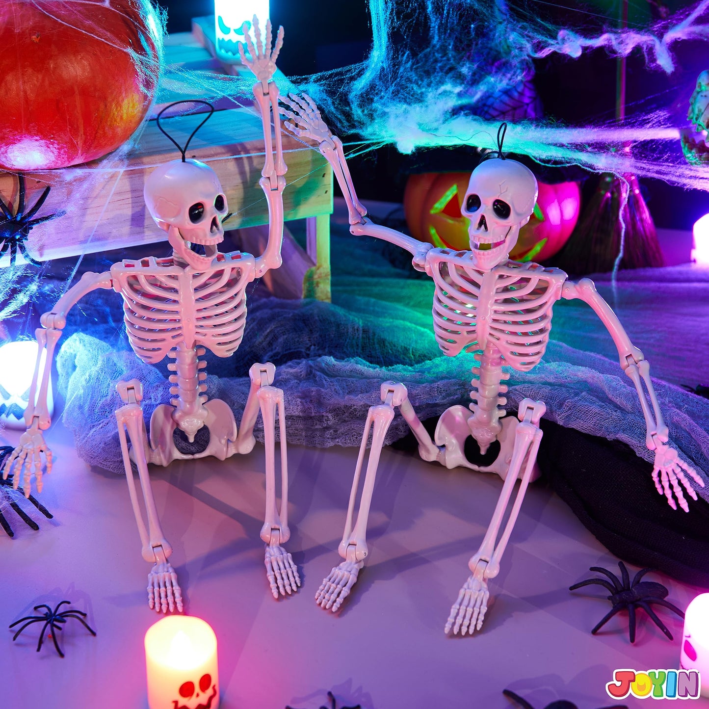 JOYIN 2PCS 16" Halloween Skeleton Decor, Full Body Stayable Movable Joints, Posable Hanging Skeletons for Halloween Decoration, Yard, Graveyard, Haunted House Props, Spooky Scene Party Favor