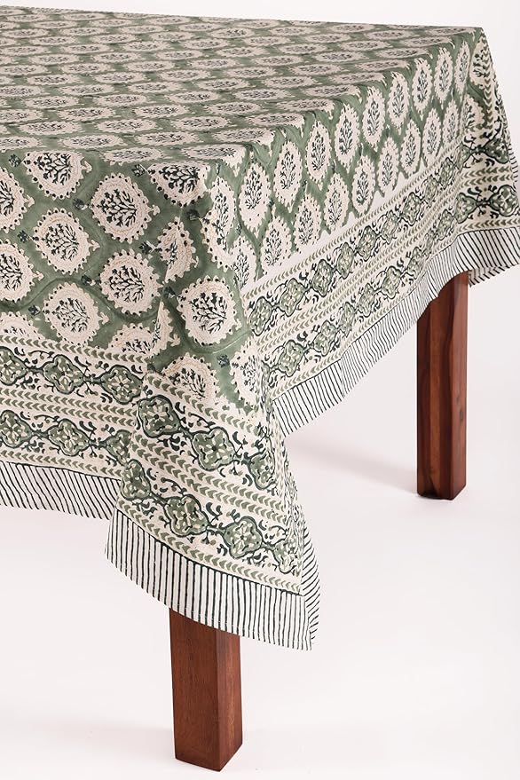 ATOSII Kari Green 100% Cotton Rectangle Boho Summer Tablecloth, Block Print Floral Table Cloth Linen for Dining, Parties, Wedding, Outdoors Home Decor 60 X 90 Inches I 6 Seater I