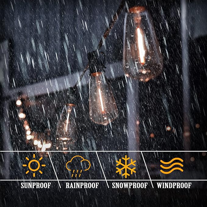DAMAING Outdoor String Lights LED 100 FT Patio String Lights,52 ST38 Shatterproof Edison Style LED Bulbs,Vintage Plastic Outdoor Lights Waterproof for Bistro Gazebos Backyard Balcony Porch.