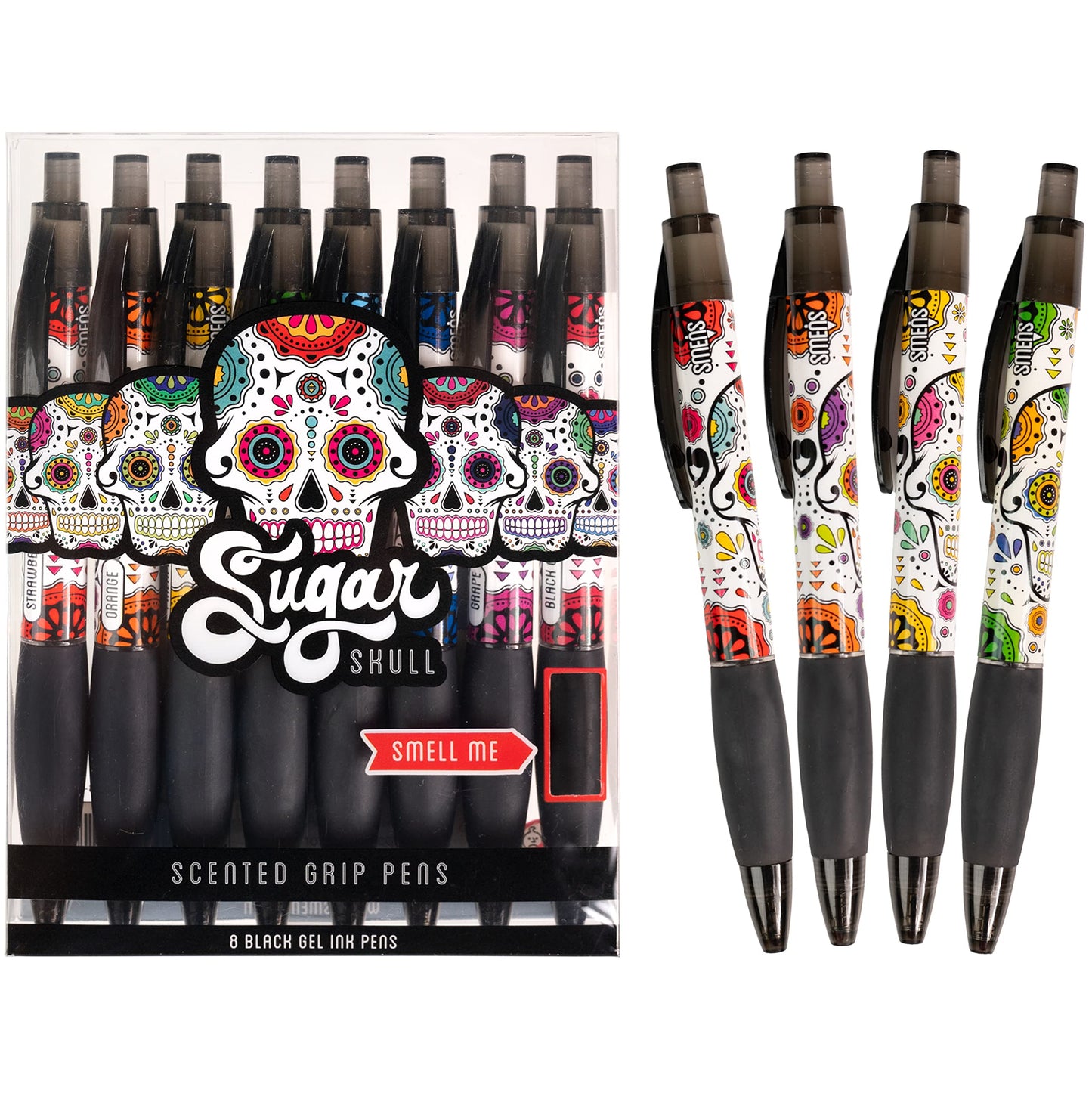 Sugar Skull Smens - Patented Gourmet Scented Pens, Black Ink, Medium Point - 8 Count