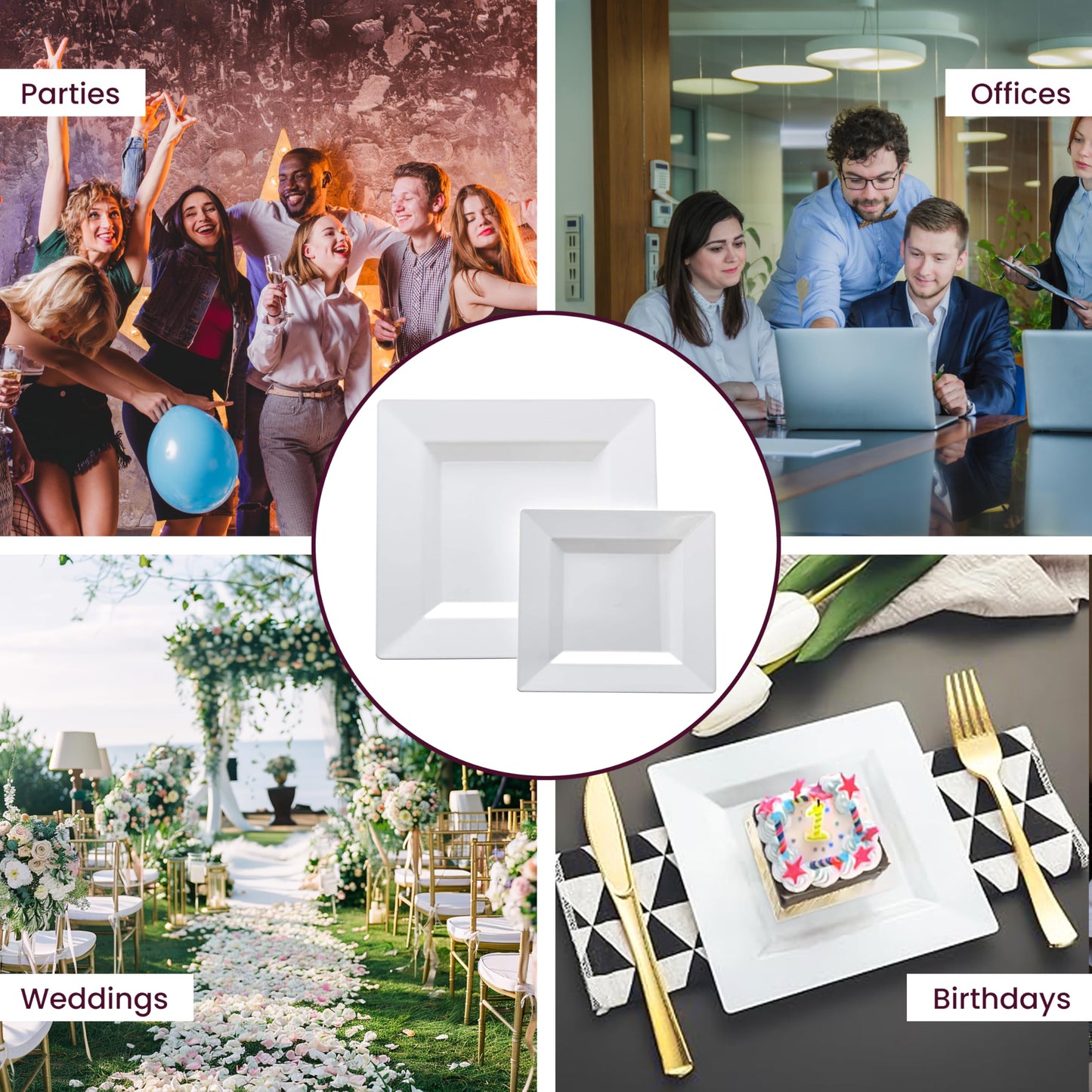 Aya's 60ct White Square Disposable Plates - Heavy Duty Plastic Party Plates for Christmas, Thanksgiving (30 Dinner & 30 Salad)