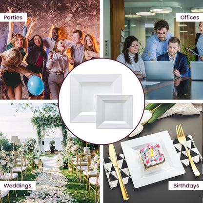 Aya's 60ct White Square Disposable Plates - Heavy Duty Plastic Party Plates for Christmas, Thanksgiving (30 Dinner & 30 Salad)