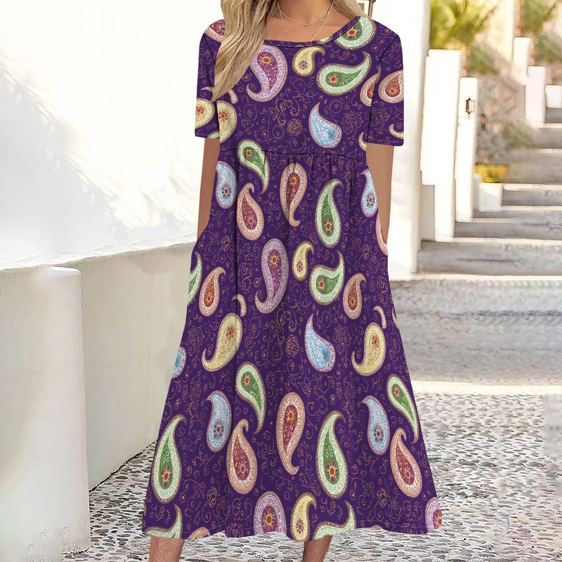 Medlor Womens Midi Dresses Casual Short Sleeves Scoop Neck Floral Print Flowy Beach Vacation Trendy Dress with Pocket for 2025 Summer