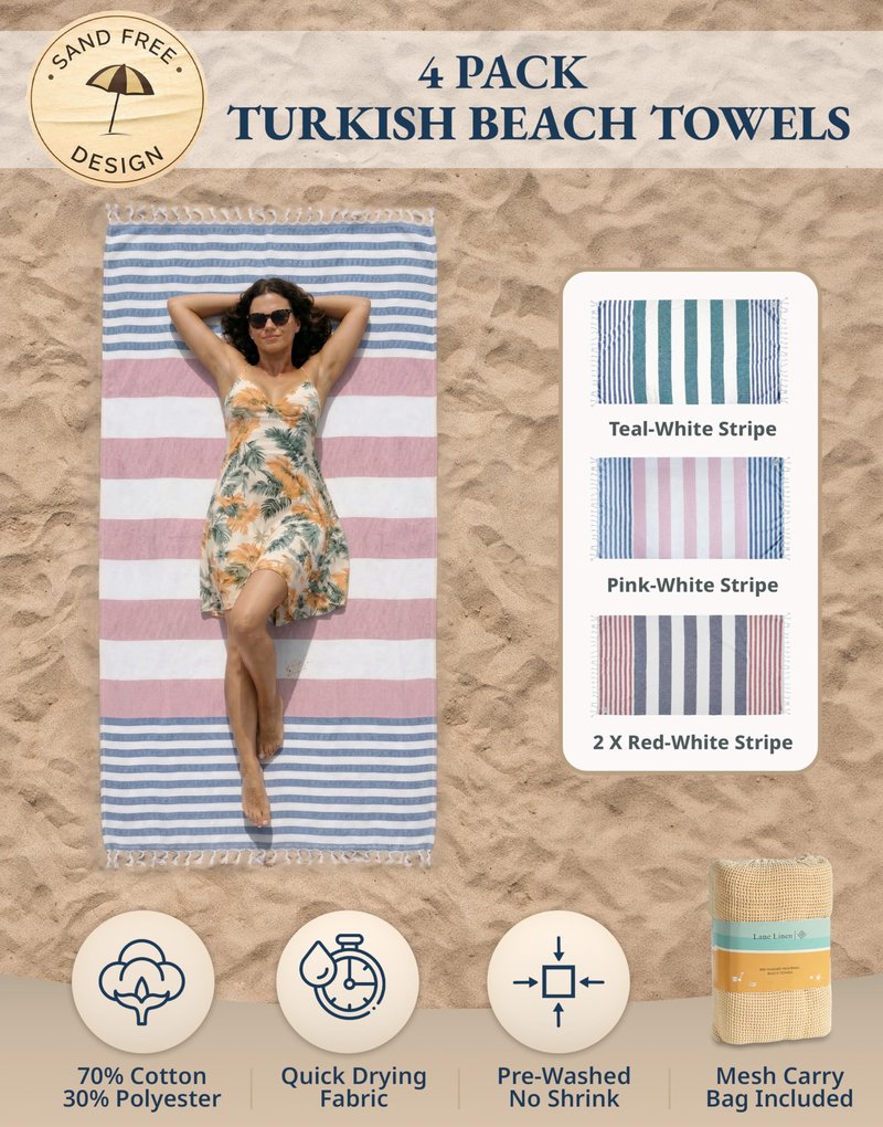 LANE LINEN Oversized Beach Towels 4 Pack - Extra Large, Absorbent & Quick Dry, No Sand, Pool Towels for Adults, 39"x71" - Multi