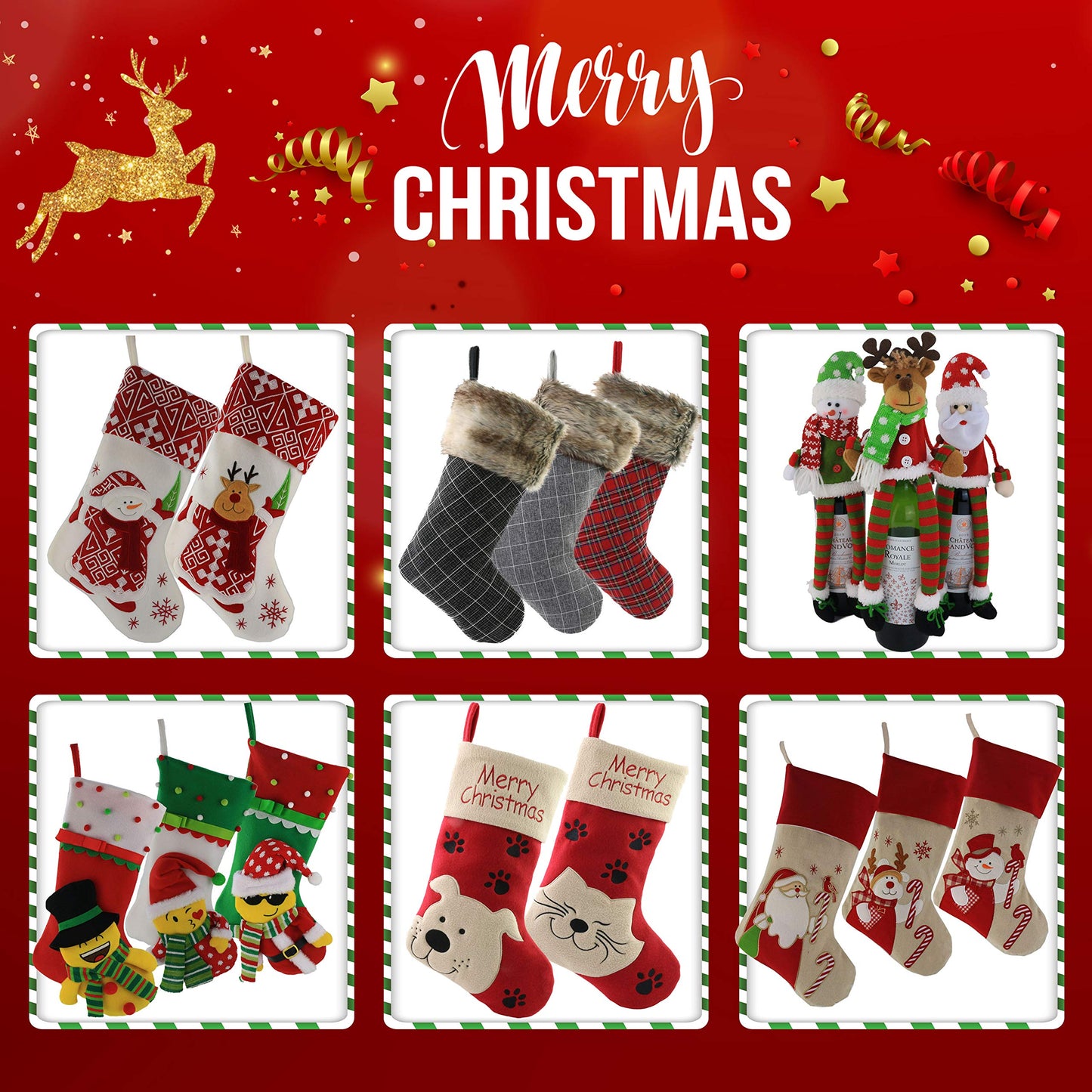WEWILL Classic Christmas Stockings Set of 2 Elk, Snowman Xmas Character 17 inch Christmas Decorations Gift for Family Kids (Style 4)