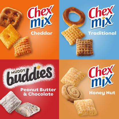 Chex Sweet & Salty Snack Variety Pack, Individually Wrapped Snack Bags, Party and Lunch Packs, Muddy Buddies Peanut Butter and Chocolate, Chex Mix Traditional, Cheddar, Honey Nut, 35 oz/20 Bags