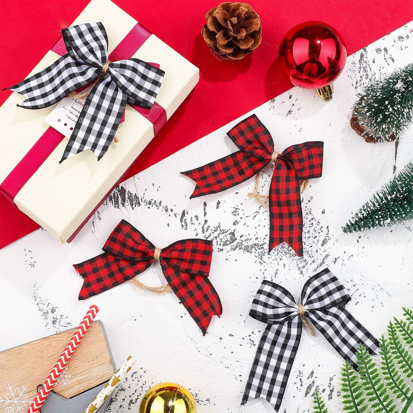 WILLBOND 36 Pieces Christmas Buffalo Plaid Bows Small Bows Christmas Tree Ornaments Checkered for Wreaths Decoration(Red and Black)