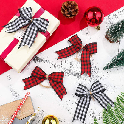 WILLBOND 36 Pieces Christmas Buffalo Plaid Bows Small Bows Christmas Tree Ornaments Checkered for Wreaths Decoration(Red and Black)