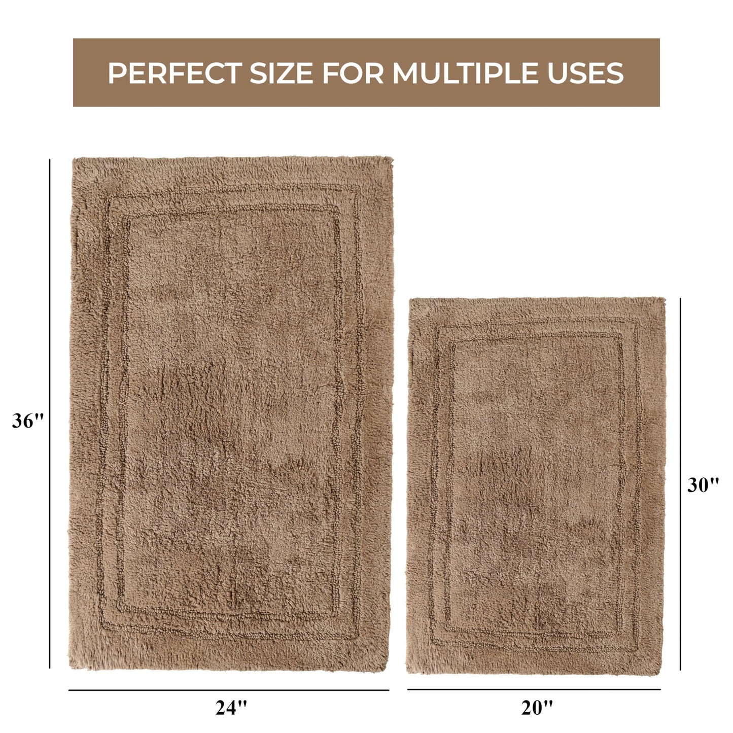 Superior Non-Slip 2 Piece Bath Rug Set, Ultra Plush, Soft, and Absorbent 100% Combed Cotton Pile - Traditional Oval Bath Mat Set, Latte