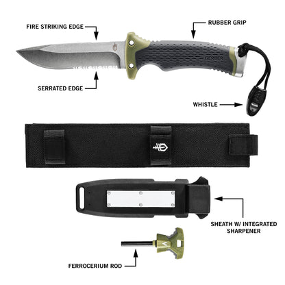 Gerber Gear Ultimate Survival Knife, Fixed Blade Knife with Combo Edge, includes Fire Starter Edge and Ferro Rod, Whistle, Sheath with Integrated Sharpener - Bushcraft, Hunting and Camping Tool