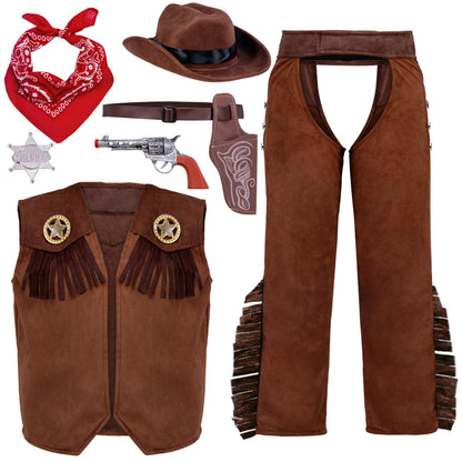 Spooktacular Creations Halloween Cowboy Hat Costume for Boys, Kids Brown Western Costume, Deluxe Boys Cowboy Outfit Set for Toddler Halloween RolePlay Themed Party (3T, 3-4 yrs)