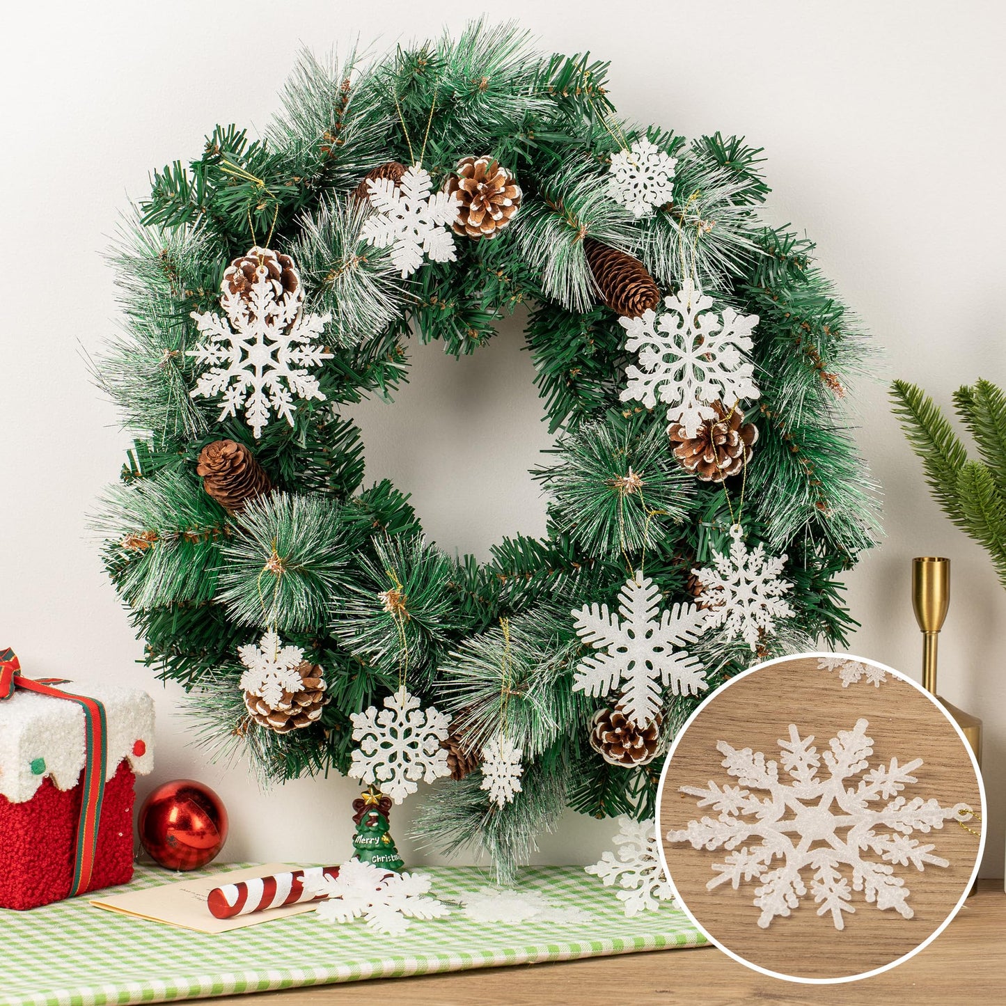 Crafare 48pcs White Plastic Glitter Snowflakes Hanging Ornaments for Christmas Tree Indoor Winter Wonderland Decor