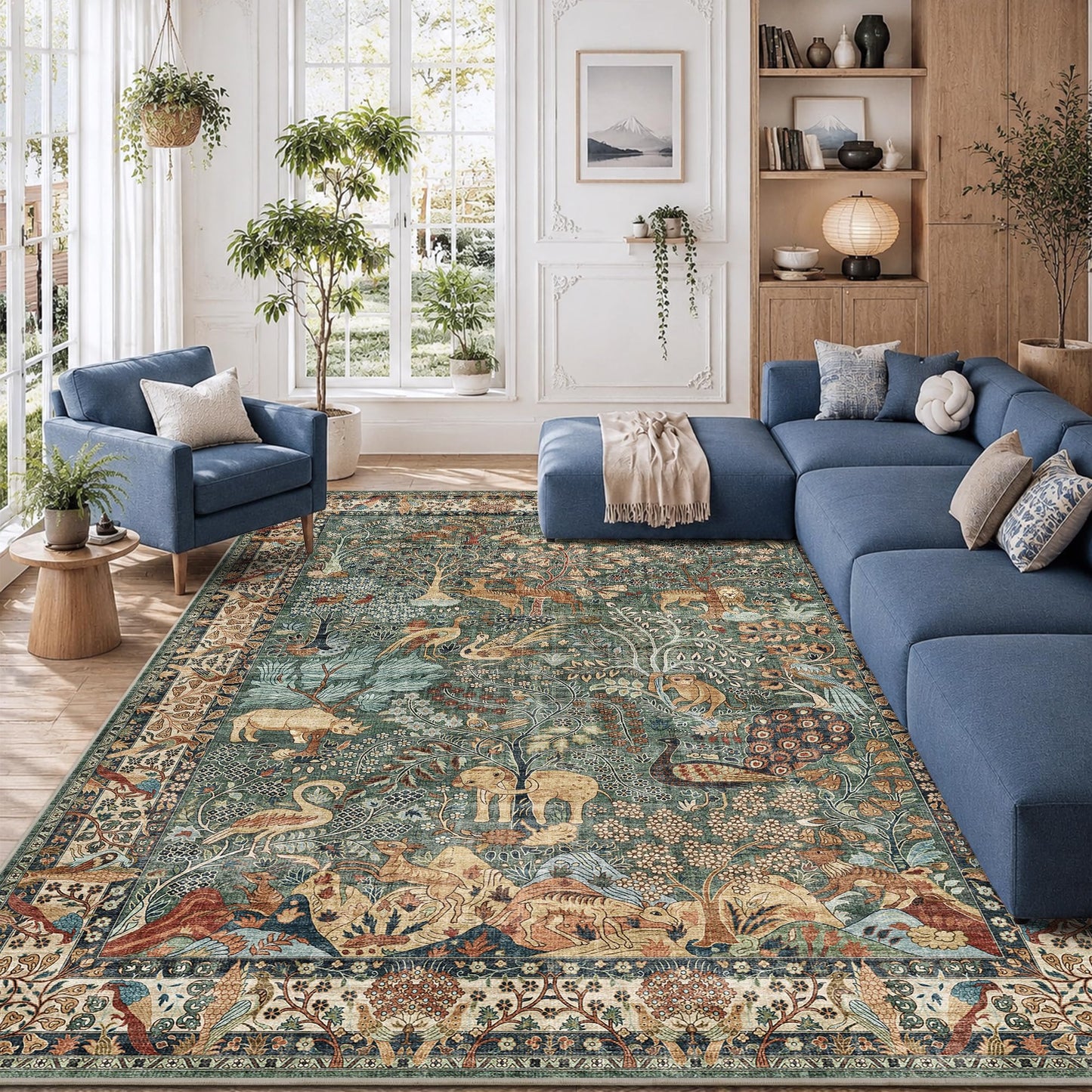 8x10 Green Boho Area Rug, Vintage Jungle Animal Print Large Washable Rug, Non Slip Low Pile Stain Resistant Carpet, Large Floor Rug for Living Room Farmhouse Dining Room Kids Playroom