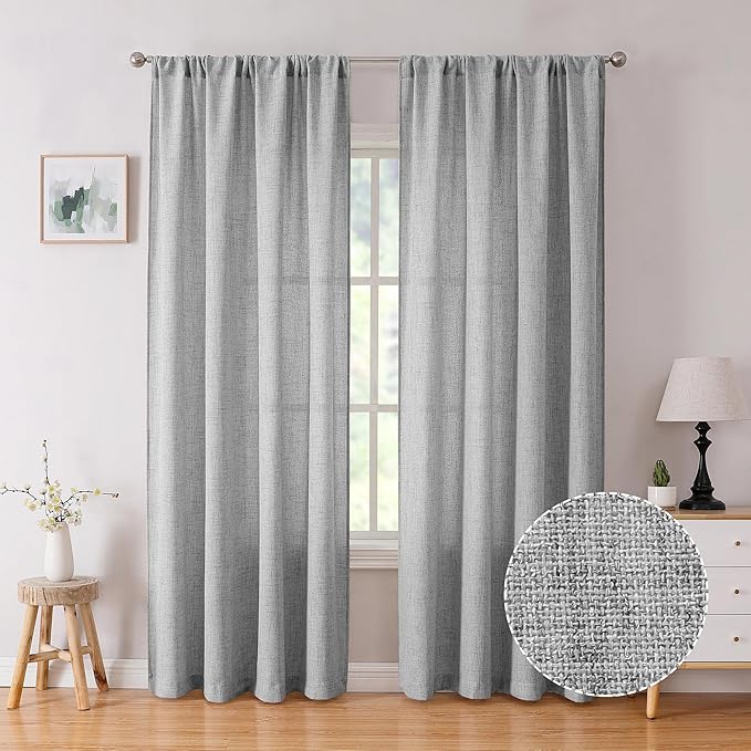 Tollpiz Linen Curtains Bedroom Rod Pocket Semi Sheer Curtain Burlap Light Filtering Thick Linen Drapes for Living Room, 54 x 84 inches Long, Silver Grey, Set of 2 Panels
