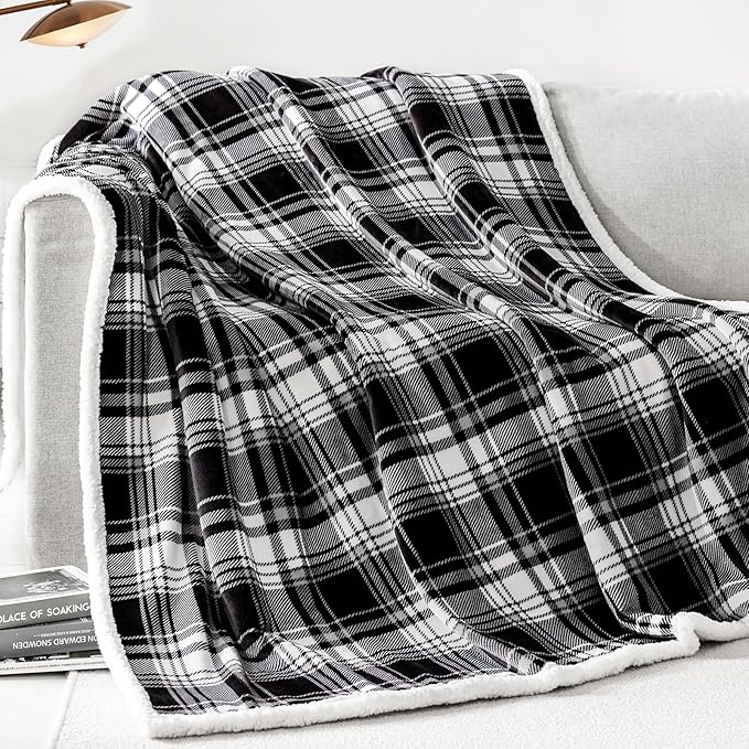 Touchat Sherpa Plaid Throw Blanket,Fleece Flannel Plush Twin Size Microfiber Blanket for Couch Bed Sofa,Fuzzy Fluffy Cozy Soft Blanket(60" X 70", Plaid Black)
