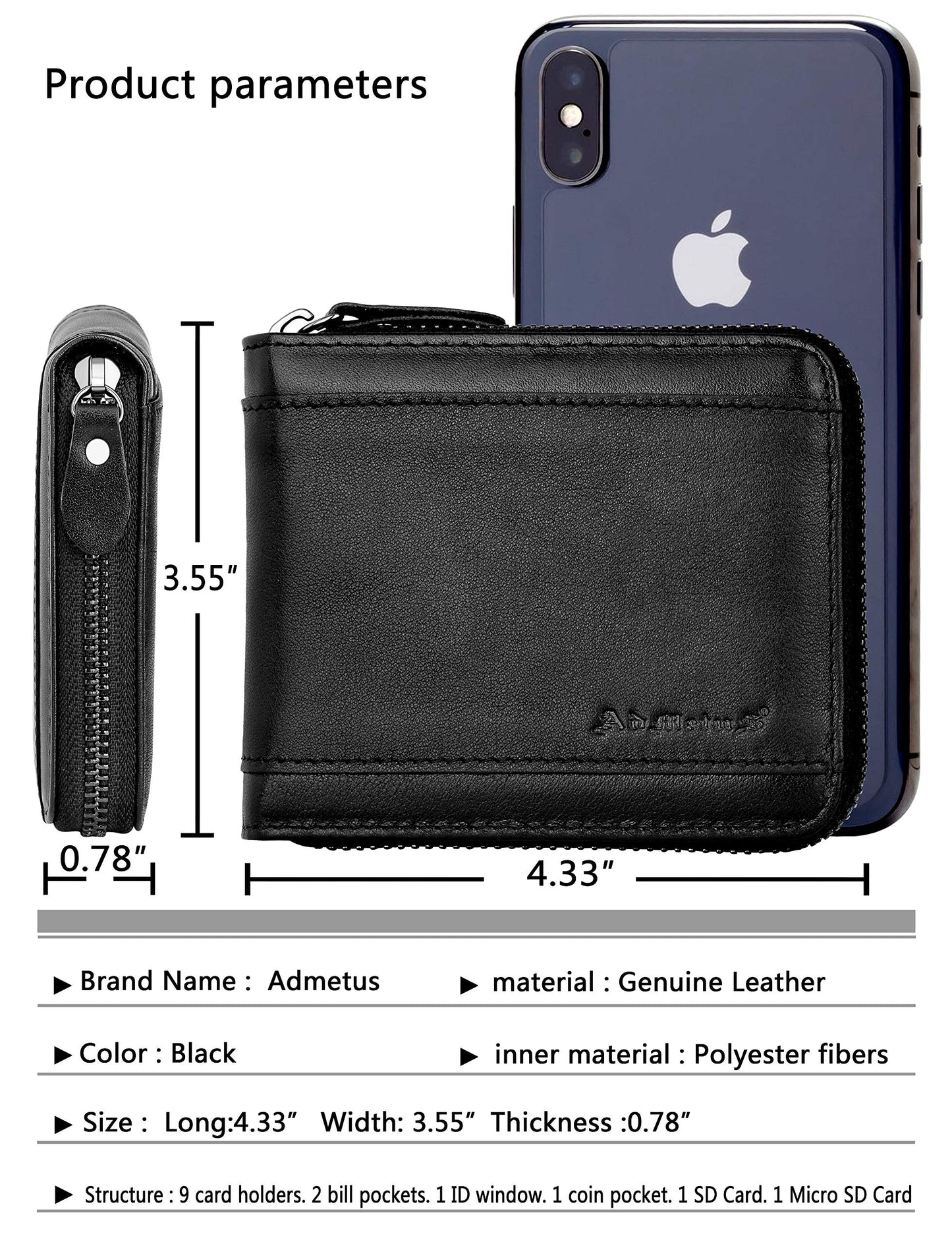 Admetus Wallet for Men Zipper Leather Wallet for Men Bifold RFID Blocking Card Holder black10