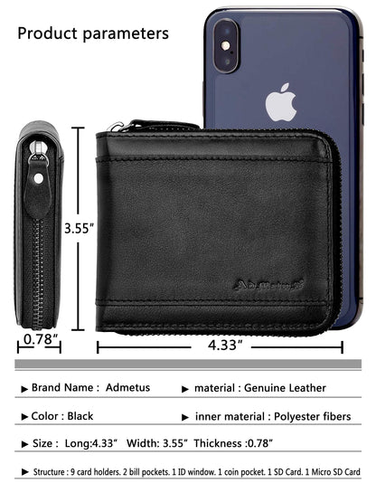 Admetus Wallet for Men Zipper Leather Wallet for Men Bifold RFID Blocking Card Holder black10