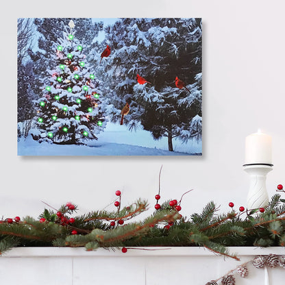 Lighted Christmas Tree & Cardinal Birds LED Canvas Print - Snowy Winter - Forest Pine Trees - Winter Scene Wall Art Measures 15.75" X 11.75"