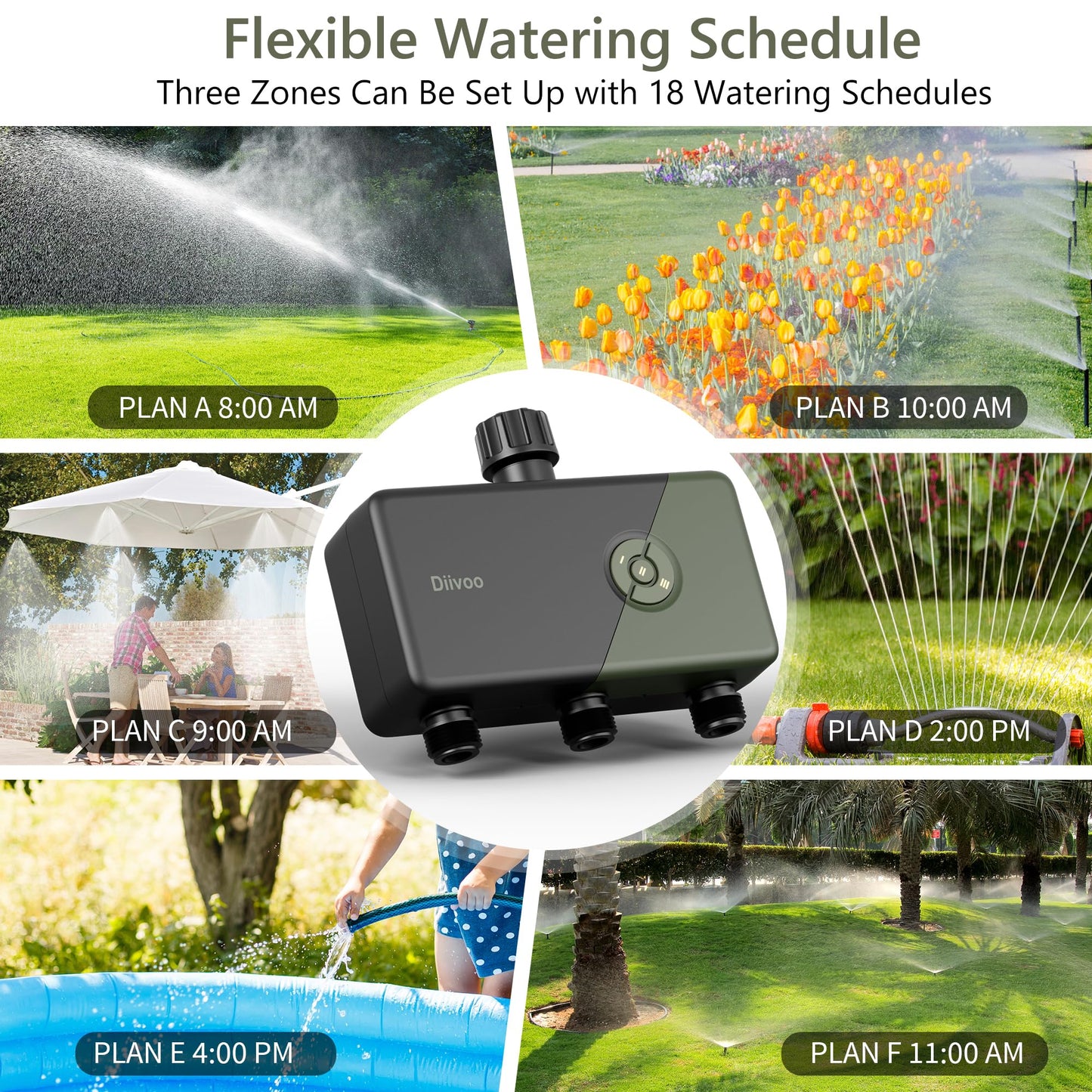 Diivoo WiFi Sprinkler Timer 3 Zone, Smart Water Hose Timer Compatible with Alexa and Google, Remote Control Irrigation, Automatic Manual Watering, Rain Delay, for Garden, Yards and Lawns (2.4Ghz Only)