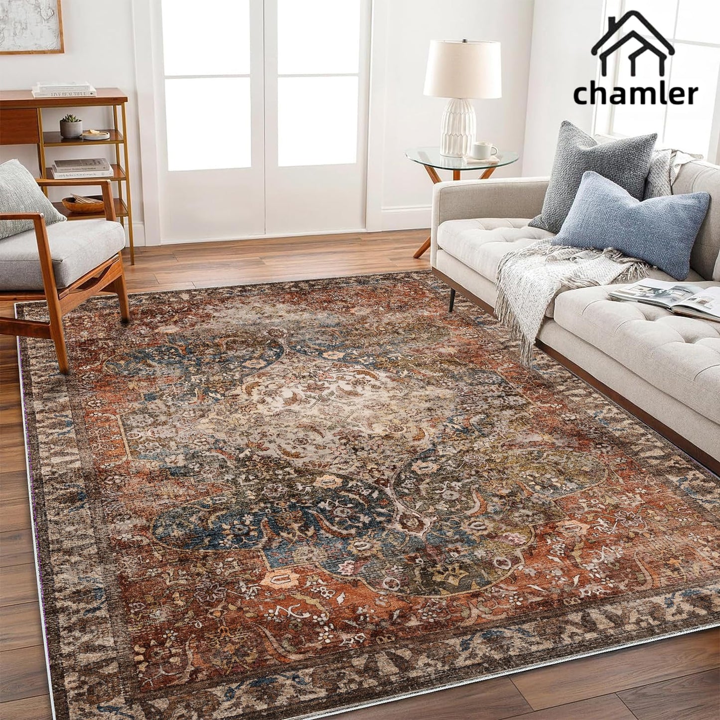 chamler 6x9 Washable Area Rug Boho Medallion Distressed Design Non-Shedding Easy Care Ideal for High Traffic Areas in Rugs for Living Room Bedroom Office Kitchen Large Carpet