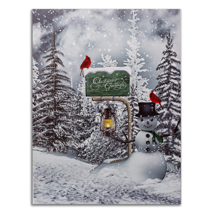 BANBERRY DESIGNS Cardinals and Snowmen Lighted Wall Art Canvas Prints - Christmas Greetings with LED Lantern - Winter Snow Scene with Pine Trees - Measures 16" H x 12" W