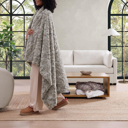 UGG Adalee Faux Fur Throw Blanket Luxury Lightweight Cozy Soft Throw for Couch Bed or Chair Hypoallergenic Machine Washable Double-Sided Fluffy Blanket Home Decor, 50-inch x 70-inch, Seal Grey