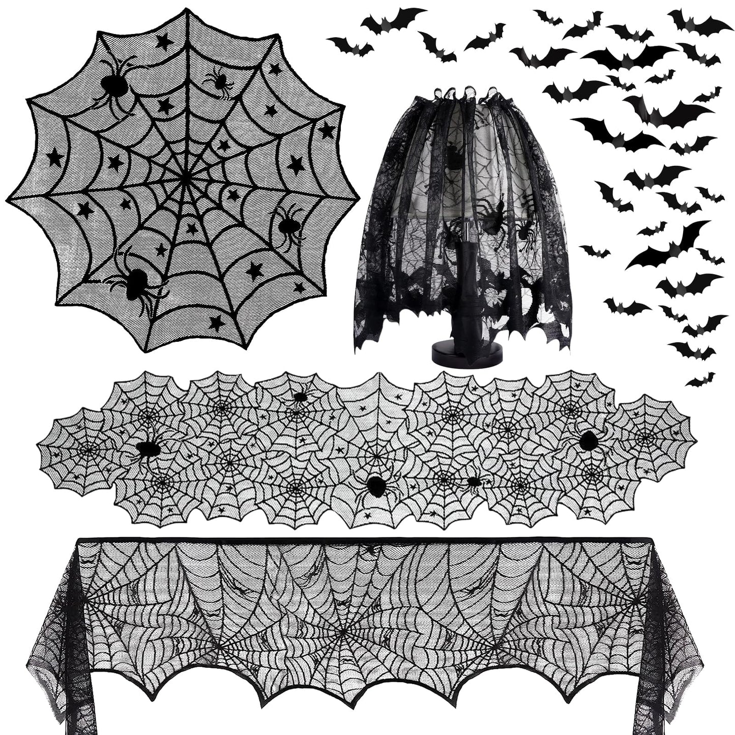 5Pack Halloween Decorations Indoor Halloween Spider Web Tablecloth Table Runners Fireplace Mantel Scarf Cobweb Lampshade Scary 3D Bats for Halloween Spooky Home Decor