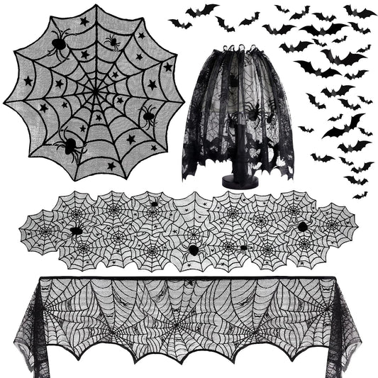 5Pack Halloween Decorations Indoor Halloween Spider Web Tablecloth Table Runners Fireplace Mantel Scarf Cobweb Lampshade Scary 3D Bats for Halloween Spooky Home Decor