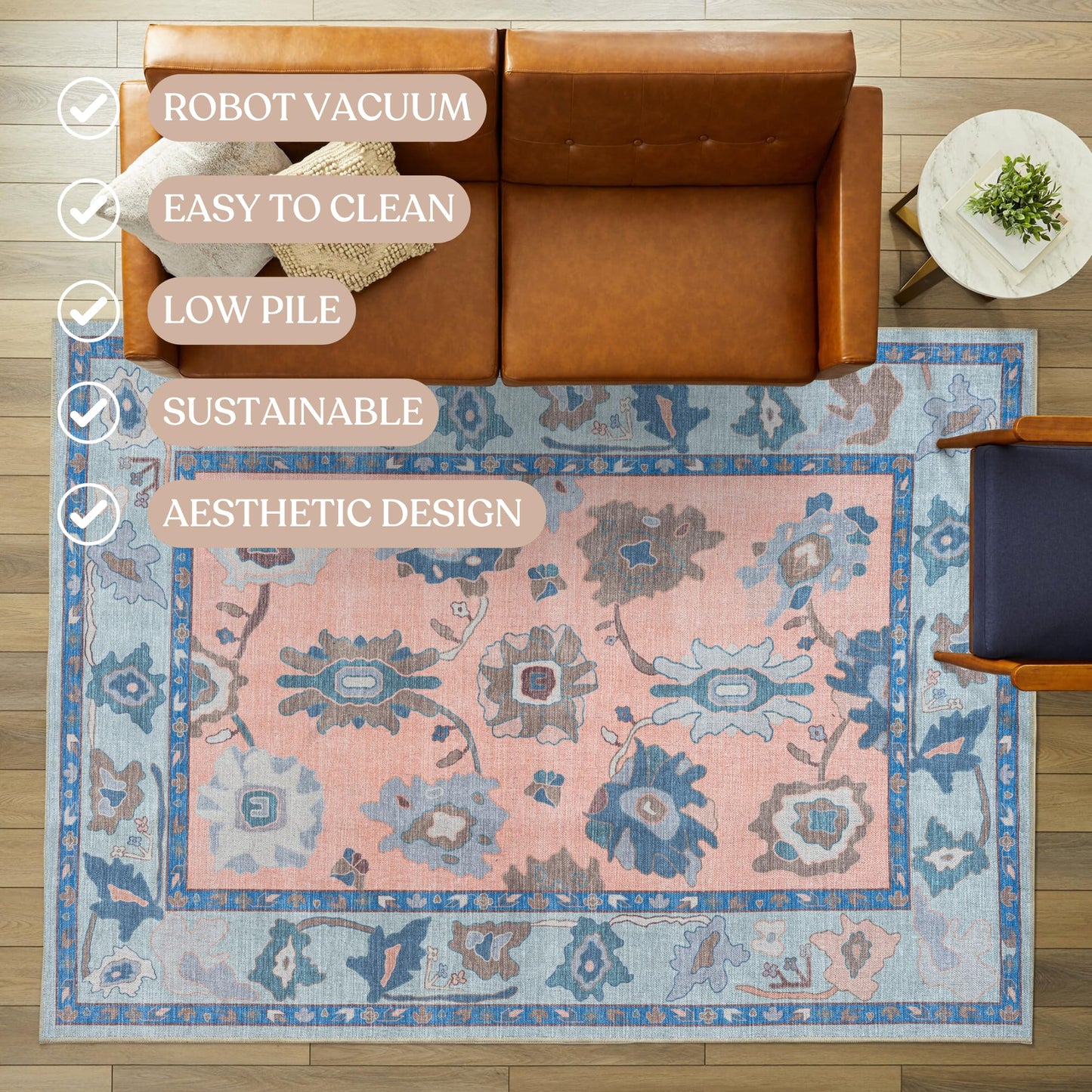 Fame Living Modern Oushak Rug, Vintage, Turkish, Eclectic, Floral, Pastel, Washable, Area Rugs for Living Room, Dining, Bedroom, Office, Entryway, Foyer, Playroom, Nursery, 5'x6'9"