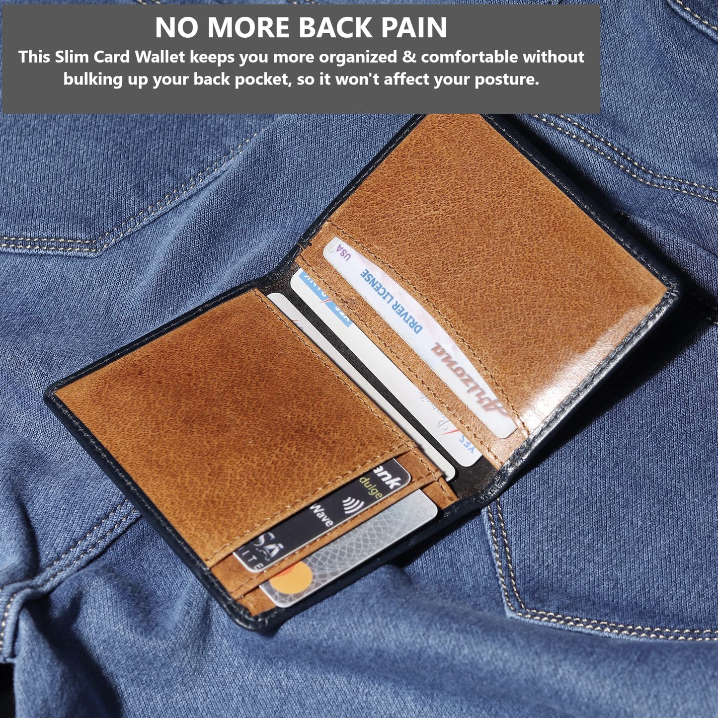 FOXHACKLE Leather Credit Card Holder for Men, Thin Bifold RFID Blocking Wallet, Slim Front Pocket Minimalist Wallet, Small Card Case (Blue Tan)