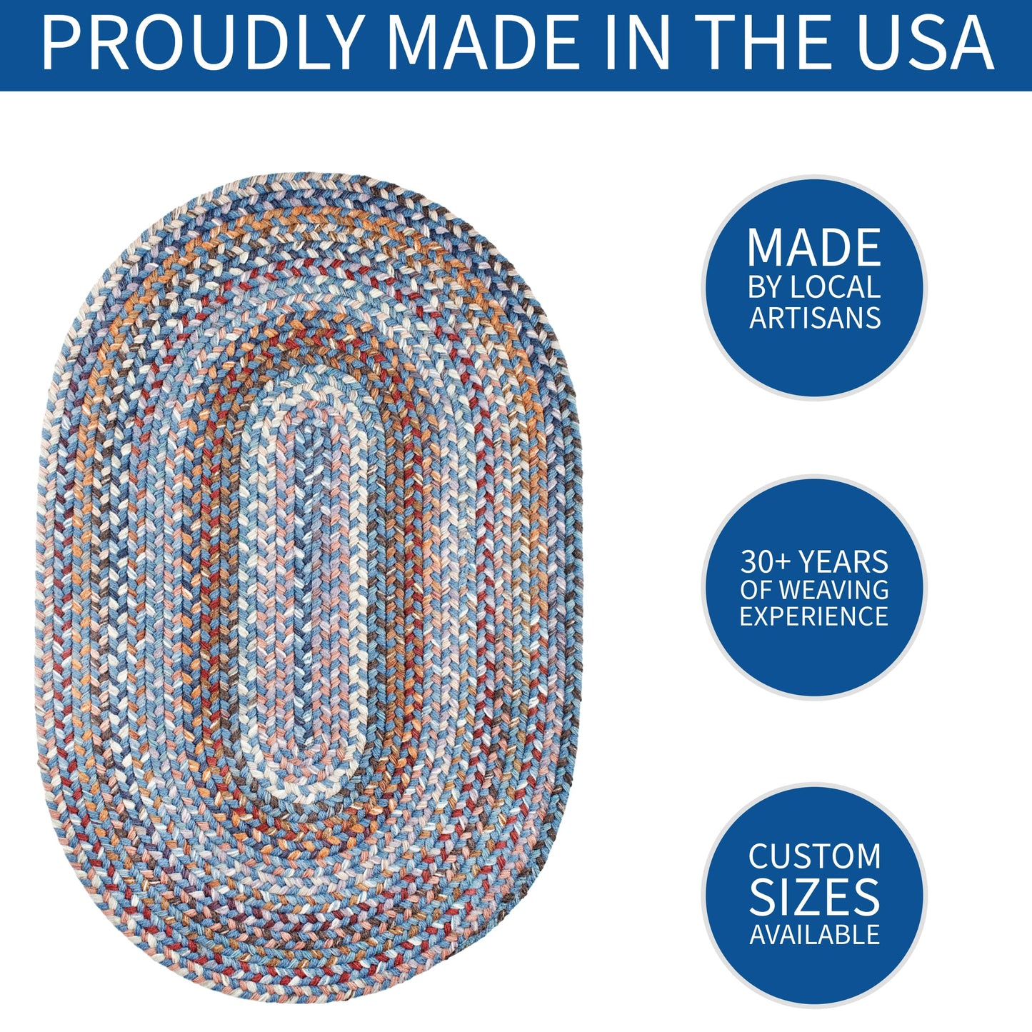 Super Area Rugs Premium Wool Braided Rug - Soft & Reversible Woven Rug- Made in USA - Blue, 3' X 5'