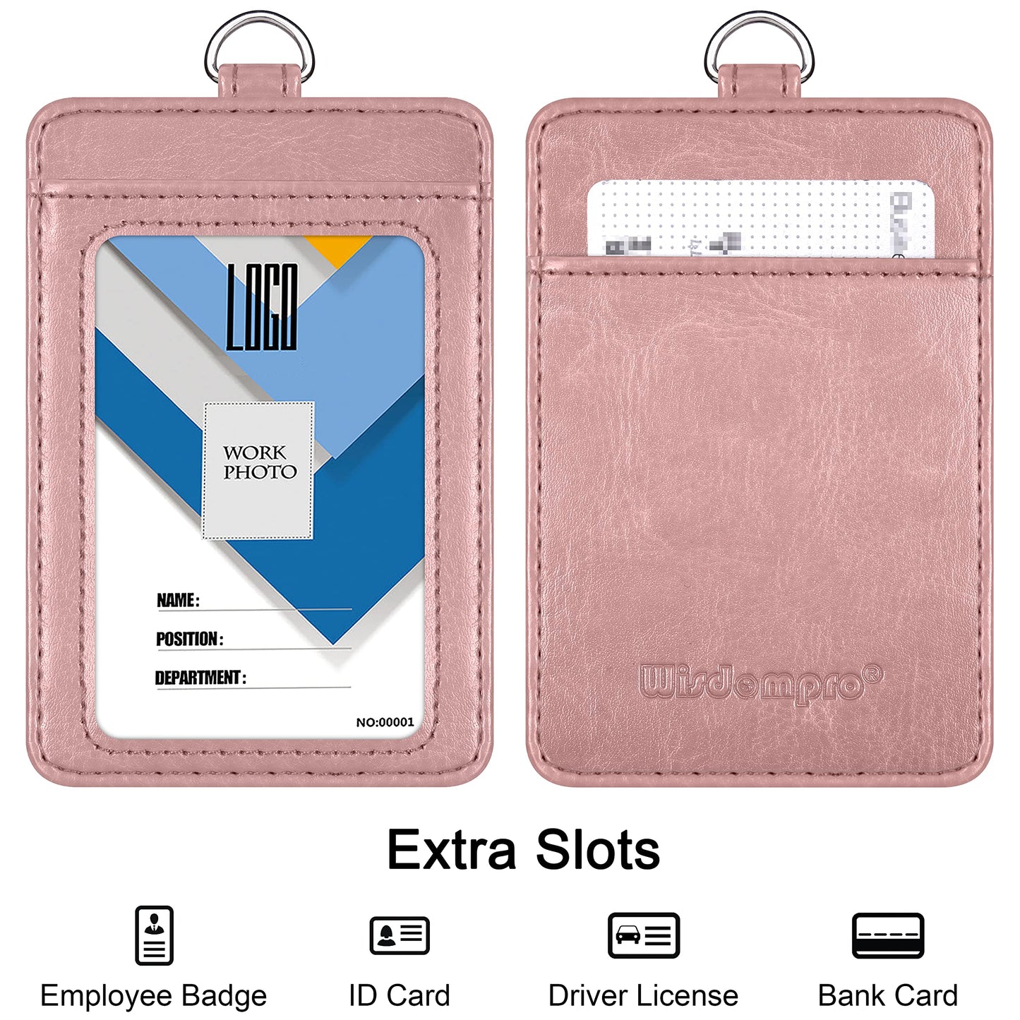 Badge Holder, Wisdompro 2-Sided PU Leather ID Badge Card Holder Wallet Case with 1 Clear ID Window and 1 Credit Card Slot and 22 Inch Quick Rlease Detachable Neck Lanyard Strap-Rose Gold (Vertical)