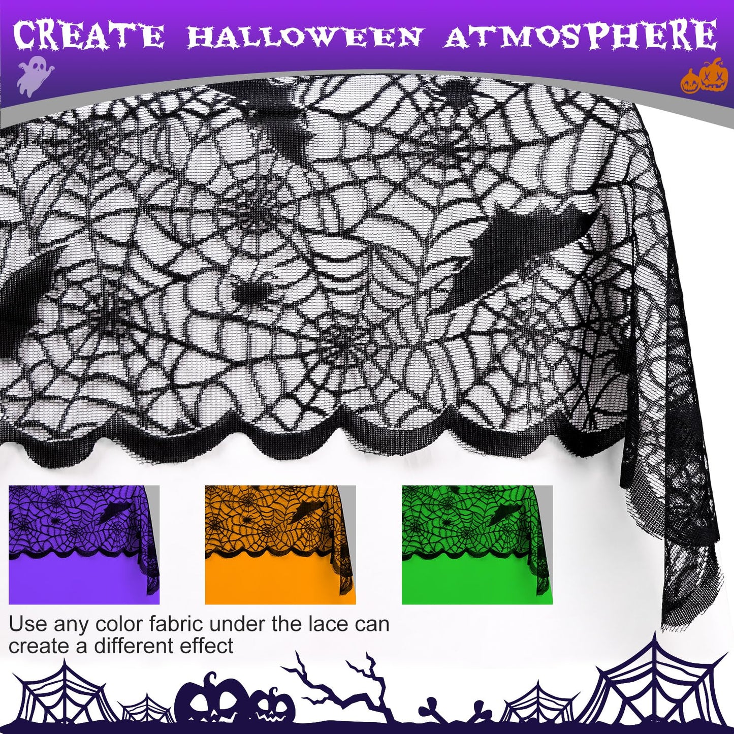 OurWarm 2PCS Halloween Tablecloth, Rectangular Polyester Black Lace & Purple Lined Tablecloth, Spider Web Table Cover for Scary Halloween Table Decorations, 60 x 84 Inch