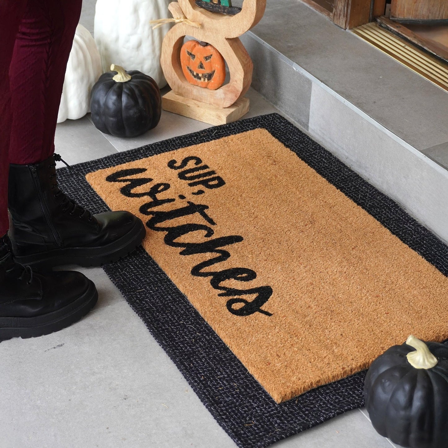 THEODORE MAGNUS Halloween Door Mat - Welcome Mat for Front Door with Non-Slip Backing - Durable Doormat - Perfect for Outside Entrance Matt - Outdoor/Indoor - Sup, Witches - 17" x 30"