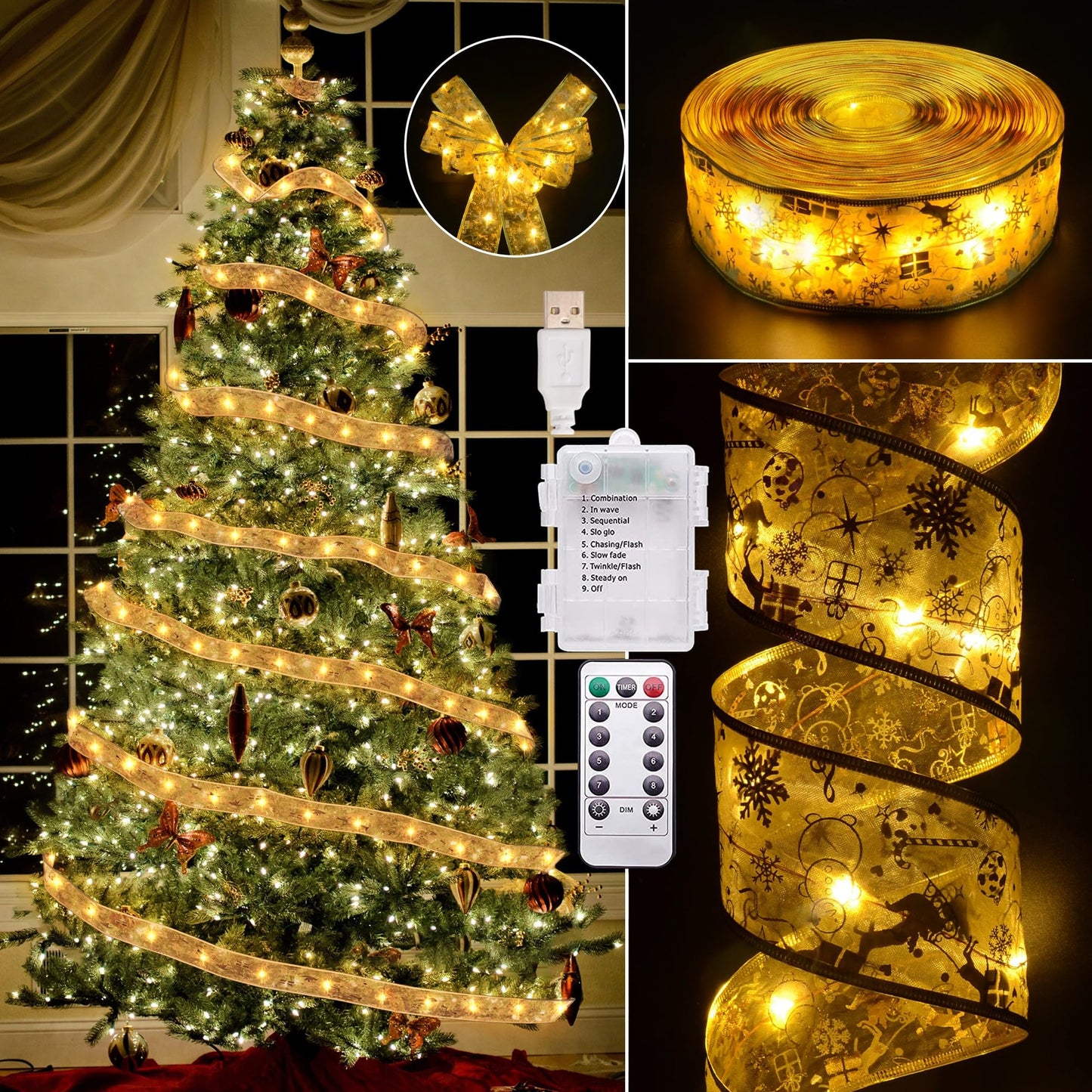 Vimorg Christmas Decorations - 2.5Inch x 66Ft 200 Led Christmas Tree Ribbon Lights with 8 Lighting Modes, Battery Operated & USB Powered Fairy String Lights with Timer for Xmas Tree Decor