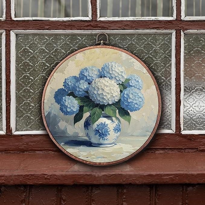 Threegoat Chinoiserie Spring Floral Framed Round Wall Art,Blue and White Hydrangea Flowers Wall Art Decor for Bedroom,Vintage Wall Hanging Decor for Grand Millenial Grandmillennial Home - A08