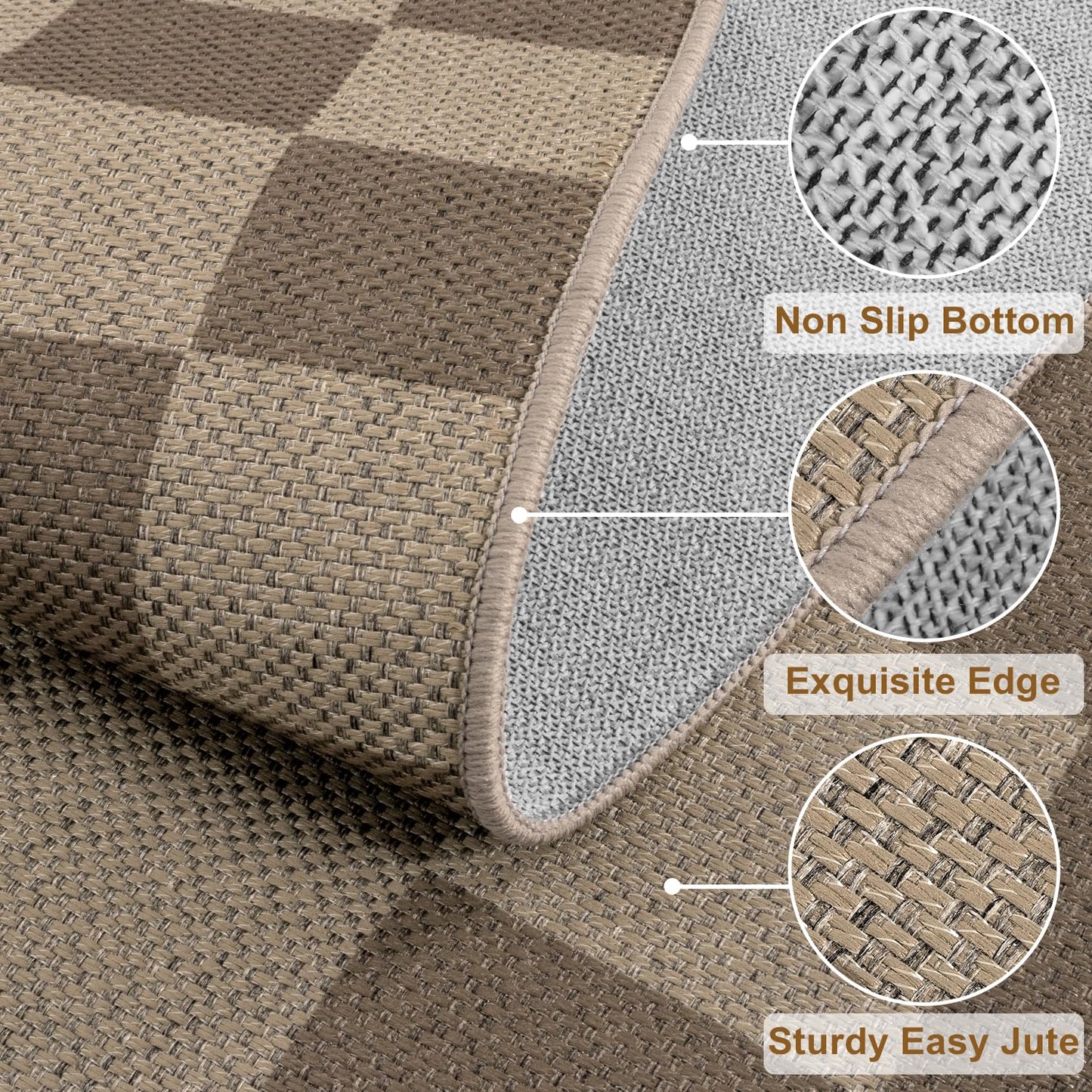 Rugalia Easy Jute Checkered Runner Rug, 2x6 Brown Modern Washable Rugs Runner for Hallway Non-Slip Kitchen Runner Rug, Farmhouse Checkerboard Indoor Outdoor Carpet for Porch Laundry Entryway