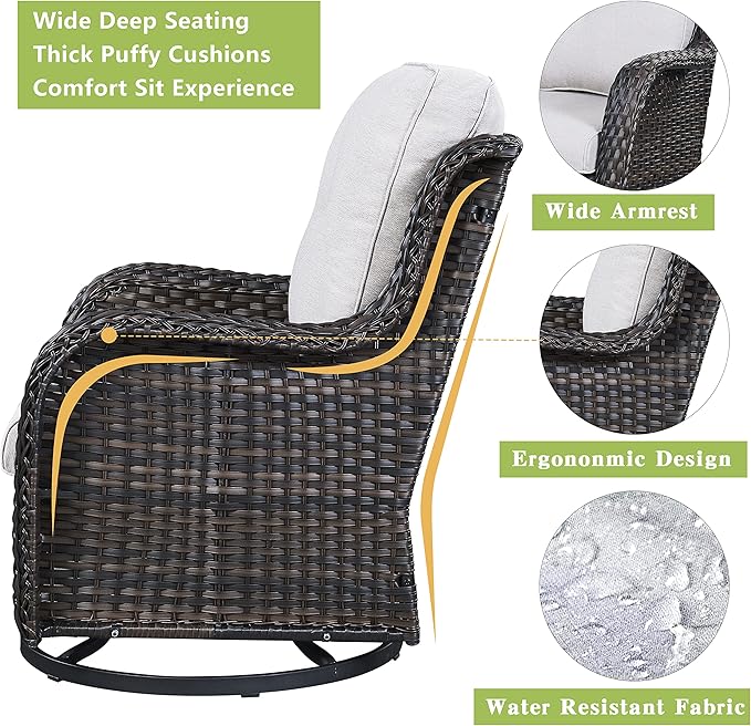 Rilyson Wicker Patio Furniture Set - 7 PC Rattan Outdoor Sectional Conversation Sets with 2 Rocking Swivel Chairs,2 Ottomans,1 Sofa,1 Loveseat and 1 Coffee Table for Porch Deck(Brown/Beige)