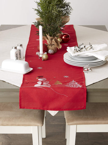 DII Embroidered Holiday Table Décor Collection Christmas Kitchen, Snowman Table Runner, 14x70, Red