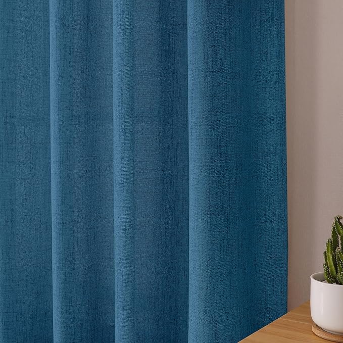 Tollpiz Linen Curtain Bedroom Rod Pocket Semi Sheer Curtains Burlap Light Filtering Thick Linen Drape for Living Room, 54 x 63 inches Long, Classic Blue, Set of 2 Panels