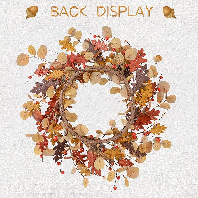 YNYLCHMX 18" Fall Wreaths for Front Door, Artificial Autumn Wreath, Fall Door Wreath with Eucalyptus Leaves and Berries for Home Porch Window Wall Farmhouse Decor, Indoor Outdoor, Holiday Decor